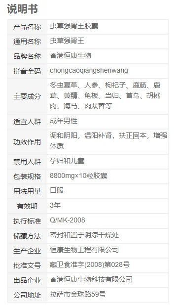 虫草强肾王完整且详细的说明书内容呈现，包含使用方法、注意事项等要点